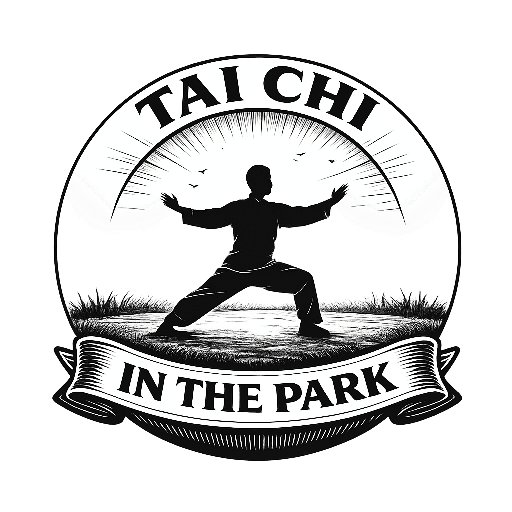 Tai Chi in the Park emblem with a person practicing Tai Chi